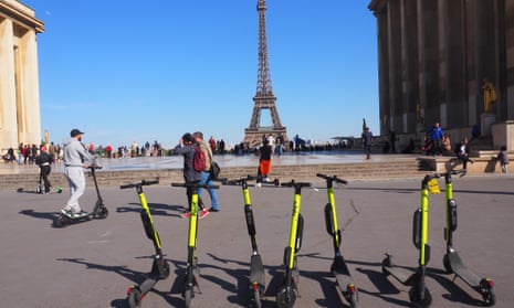 Electric scooters available for rent on the Place du Trocadero, Paris.