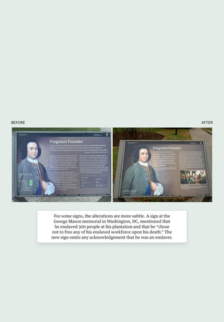 A sign at the George Mason memorial in Washington, DC, shown before and after. The new sign omits any acknowledgement that he was an enslaver. Guardian Design