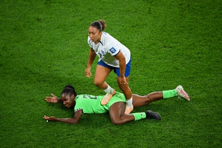 Lauren James steps on Nigeria’s Michelle Alozie.