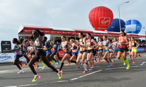 Runners in the elite women’s race moments after their start of the 2017 London Marathon