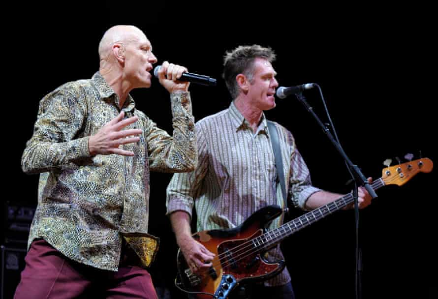 Peter Garrett and Bones Hillman of Midnight Oil at a bushfire benefit concert in Melbourne in March 2009