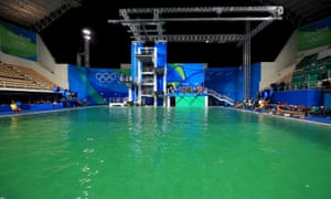 The green water at the Maria Lenk Aquatics Centre on the fourth day of the Rio Olympic Games.
