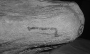 A stick tattoo discovered on Gebelein Woman, a 5,000-year-old mummy in the British Museumâ€™s collection.