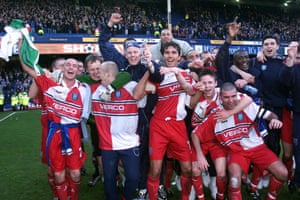 Wycombe Wanderers players celebrate their victory over Leicester City in the FA Cup sixth round match at Filbert Street in 2001