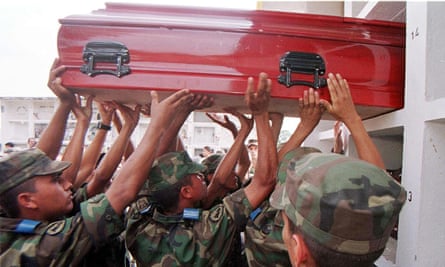 This 1999 picture shows the coffin of one of 58 soldiers killed in clashes with the Farc guerrilla in Florencia, 530 kms (330 miles) south of Bogota.