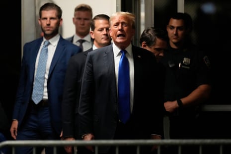 Former US president Donald Trump makes comments to the media as he returns to court for his hush money trial at Manhattan Criminal Court on May 30, 2024 in New York City.