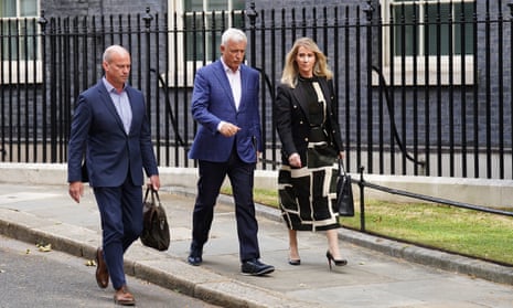 From left to right: Matt Hammerstein, the chief executive of Barclays UK, David Duffy, the CEO of Virgin Money and Debbie Crosby, the CEO of Nationwide, leave Downing Street after a meeting with Jeremy Hunt.