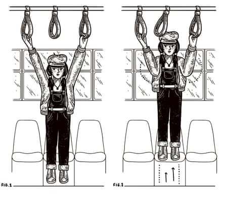 a woman doing pullups with the hand-holds on a train carriage