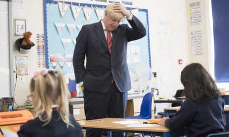 Boris Johnson during a visit to the Discovery School in West Malling. Johnson was criticised for going on holiday to Scotland during the A-level debacle.