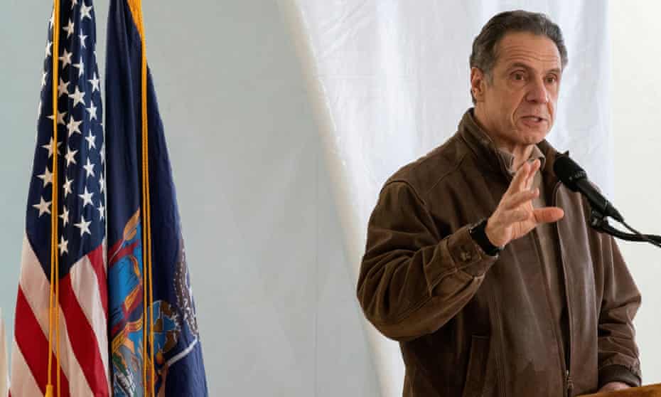 Cuomo speaks to reporters at a Covid-19 pop-up vaccination site in Brooklyn on 23 January 2021. He won praise for his leadership during the coronavirus crisis, which he himself celebrated in a hastily published memoir.