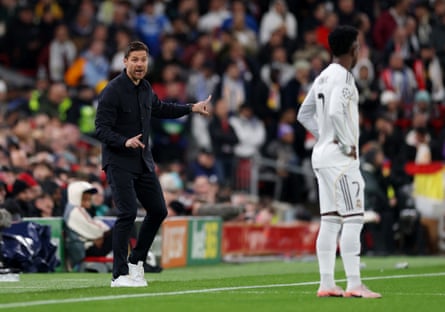 Alonso shouts instructions during Real Madrid’s fateful 1-0 defeat to Liverpool in November