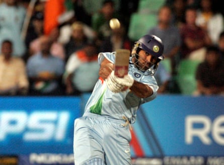 India’s Yuvraj Singh hits one of his six sixes in an over off England’s Stuart Broad in September 2007.