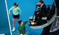 Novak Djokovic taps chair umpire Damien Dumusois on the foot