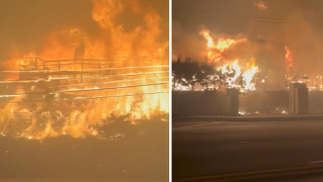 Power lines ablaze as family flees Pacific Palisades wildfire – video