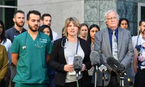 Doctors, including Sara Townend (centre) and the AMA’s Paul Bauert (right), travelled to Parliament House on Monday to urge MPs to support the transfers bill
