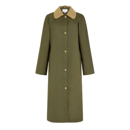 A long single-breasted khaki green coat with a paler contrast collar