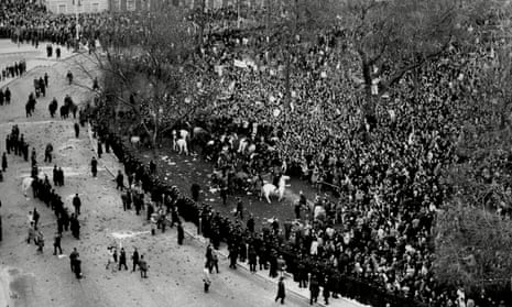 Mounted police clash with anti-Vietnam war demonstrators in Grosvenor Square, London, in March 1968.
