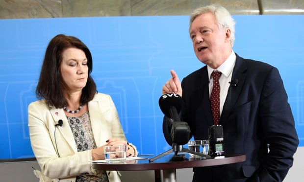 Ann Linde, Sweden’s minister for EU affairs and trade, with David Davis at a joint press conference in Stockholm.