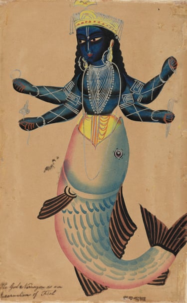 India, Kalighat style, ‘Vishnu as Matsya the fish’ 1880–99, watercolour with silver paint on paper, 42.5 × 27.3 cm, Art Gallery of New South Wales, purchased 1959. At Matsya, Vishnu recovered the Vedas (sacred texts) that the asura (demon) Hayagriva stole from the god Brahma’s mouth when he yawned. Matsya also saved the first human, Manu, from a great flood. Between the 1830s and 1850s, a distinctive painting style known as Kalighat developed around the newly built Kali temple in Calcutta (now Kolkata). Painted quickly in watercolour on inexpensive commercial paper, the pictures have a distinctive animated immediacy. Most show gods and legends with simplified, standardised iconography. Calcutta was connected to the national railway network from 1854, increasing the number of pilgrims to the temple.