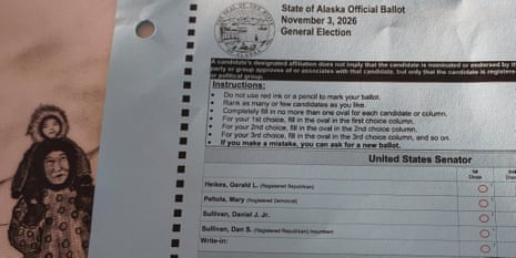 A sample ballot shows that voters in Alaska who want to support the incumbent senator, Republican Dan Sullivan, have to be careful not to select independent candidate Daniel Sullivan by mistake.