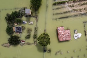 An aerial view of a flooded street in Cesena
