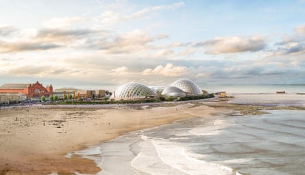 A CGI image of respective large shiny domes by nan oversea surrounded by gardens and pinch an older redbrick building down them