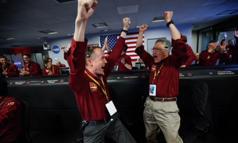 Celebrations among the mission control team at Nasa’s Jet Propulsion Laboratory in Pasadena. 
