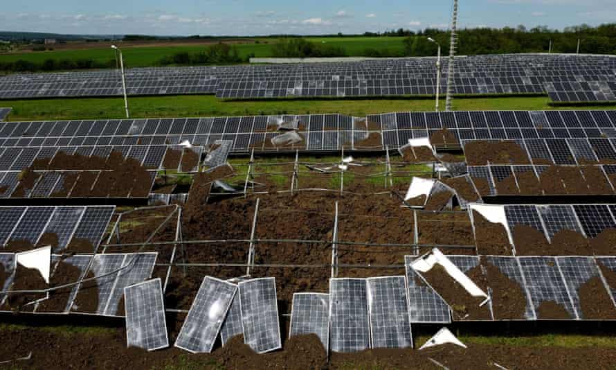 Solar power panels damaged in shelling are seen at a power station that was producing 2.5 megawatts of power in the town of Merefa on the outskirts of Kharkiv.
