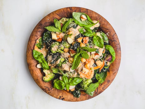 Fridge-raid salad with rhubarb dressing Fridge-raid salad with rhubarb dressing