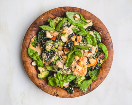 Tom Hunt’s fridge raid salad with rhubarb dressing.