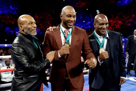 Former heavyweight champions Mike Tyson (left), Lennox Lewis (centre) and Evander Holyfield are honoured prior to Tyson Fury’s rematch against Deontay Wilder in February 2020.