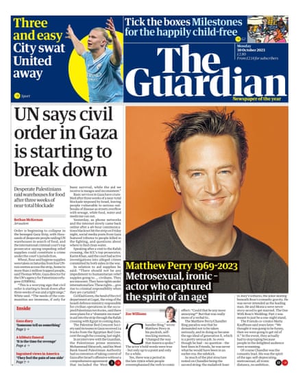 Guardian front page 30 October 2023
