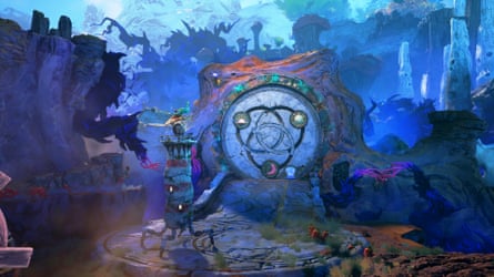 A screenshot of video game Keeper, showing a lighthouse next to a puzzle.