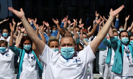 Healthcare workers protest against the handling of the coronavirus crisis in Liège, Belgium, May 2020