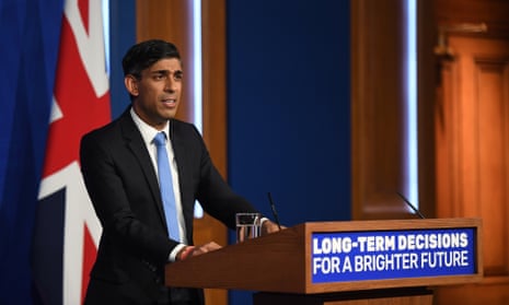 Rishi Sunak speaks at a lectern that reads 'Long-term decisions for a brighter future'