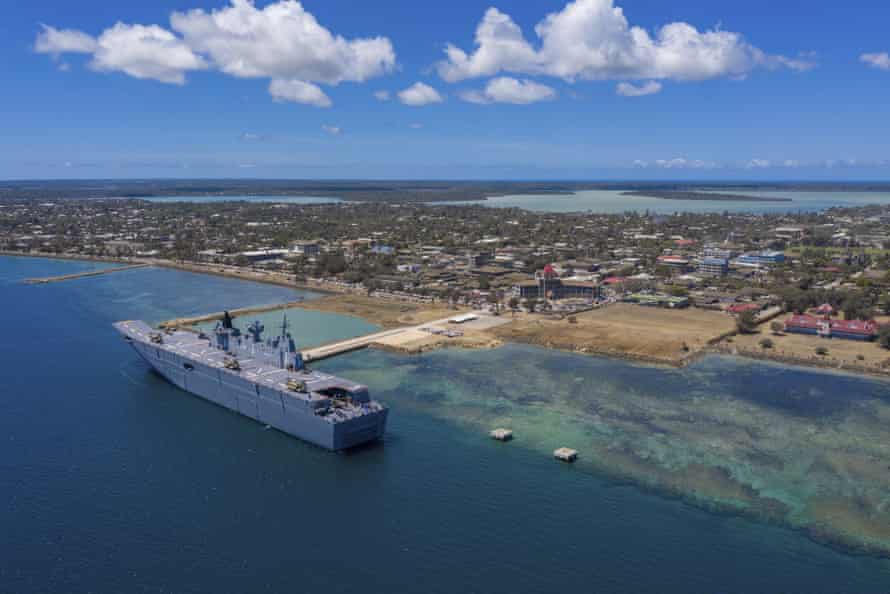 HMAS Adelaide docked at Nuku’alofa, Tonga, last Thursday, after carrying disaster relief and humanitarian aid supplies.