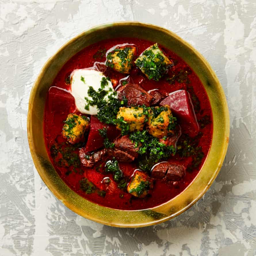 Yotam Ottolenghi’s slow-cooked shin soup with pomegranate and beetroot