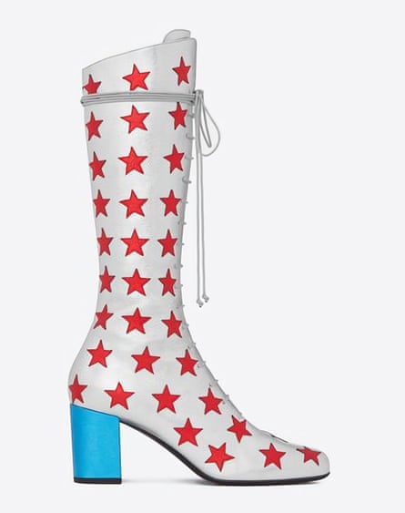 white boot with red stars and blue heel