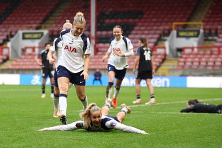 Olivia Holdt celebrates after scoring Tottenham Hotspur winner against Aston Villa.