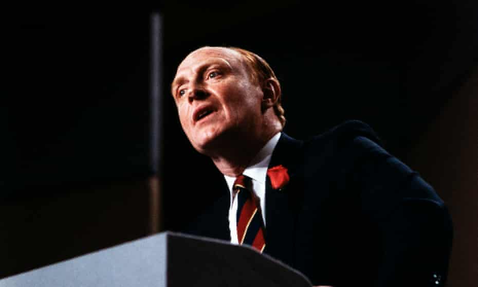 Neil Kinnock, leader of the Labour Party, addresses the Welsh Labour Party Conference in Llandudno on May 15, 1987 during the 1987 General Election campaign.