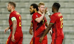 Belgium’s Michy Batshuayi celebrates scoring against Iceland last month with Kevin De Bruyne.