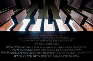 Inside the lynching memorial, which features steel monuments dangling like bodies.