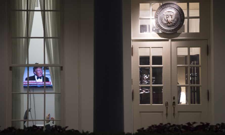 A television screen inside the West Wing on 15 May, after the Washington Post reported the president had revealed highly classified information to Russia’s foreign minister and ambassador.
