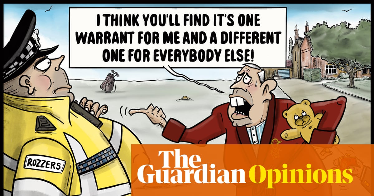 Guardian Cartoon by Pete Songi Comments on Andrew Mountbatten-Windsor's Legal Action Against Police