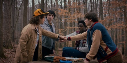 The end is nigh … Gaten Matarazzo as Dustin, Finn Wolfhard as Mike, Caleb McLaughlin as Lucas, and Noah Schnapp as Will in Stranger Things.