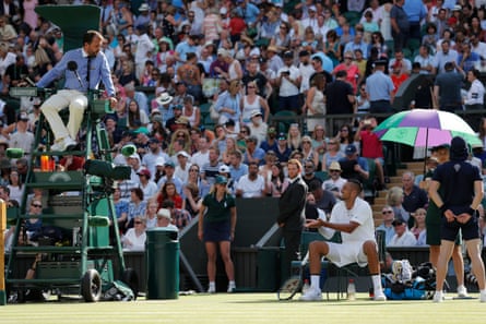 Nick Kyrgios has a discussion with the umpire after hitting a ball at Rafael Nadal in 2019