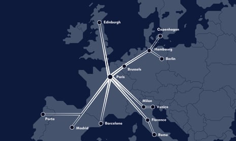 Midnight Trains’ proposed route map. The company will aim to compete with short-haul flights.