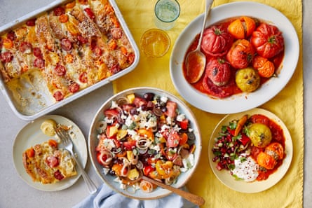 Claire Thomson’s tomato recipes (from top left) tomato bread-and-butter pud, tomato koftes and peach and tomato feta salad (bottom)