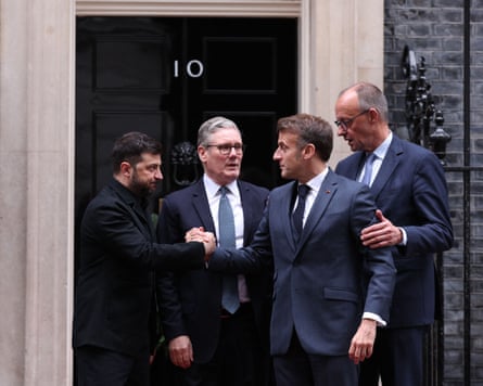 Volodymyr Zelenskyy, Keir Starmer, Emmanuel Macron and Friedrich Merz outside 10 Downing Street, December 2025.