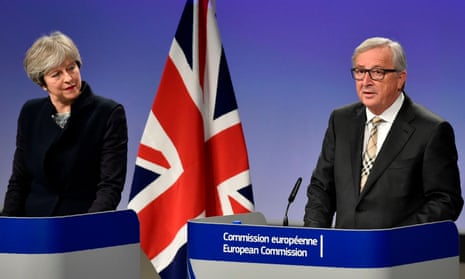 Theresa May with Jean-Claude Juncker during Brexit negotiations in Brussels late last year. 